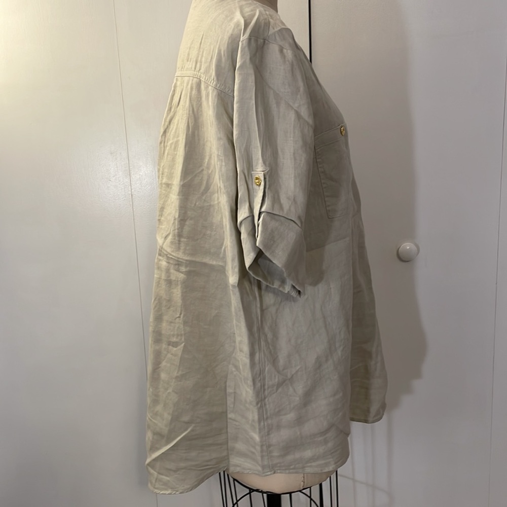 Ellen Tracy Company linen zipper down short sleeve blouse in sandstone - Picture 6 of 8
